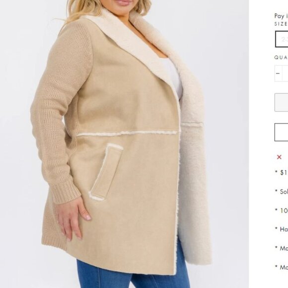 OnTwelfth Women’s Plus Size Open Front Faux Suede & Sherpa Lined Coat – Beige - Picture 4 of 12